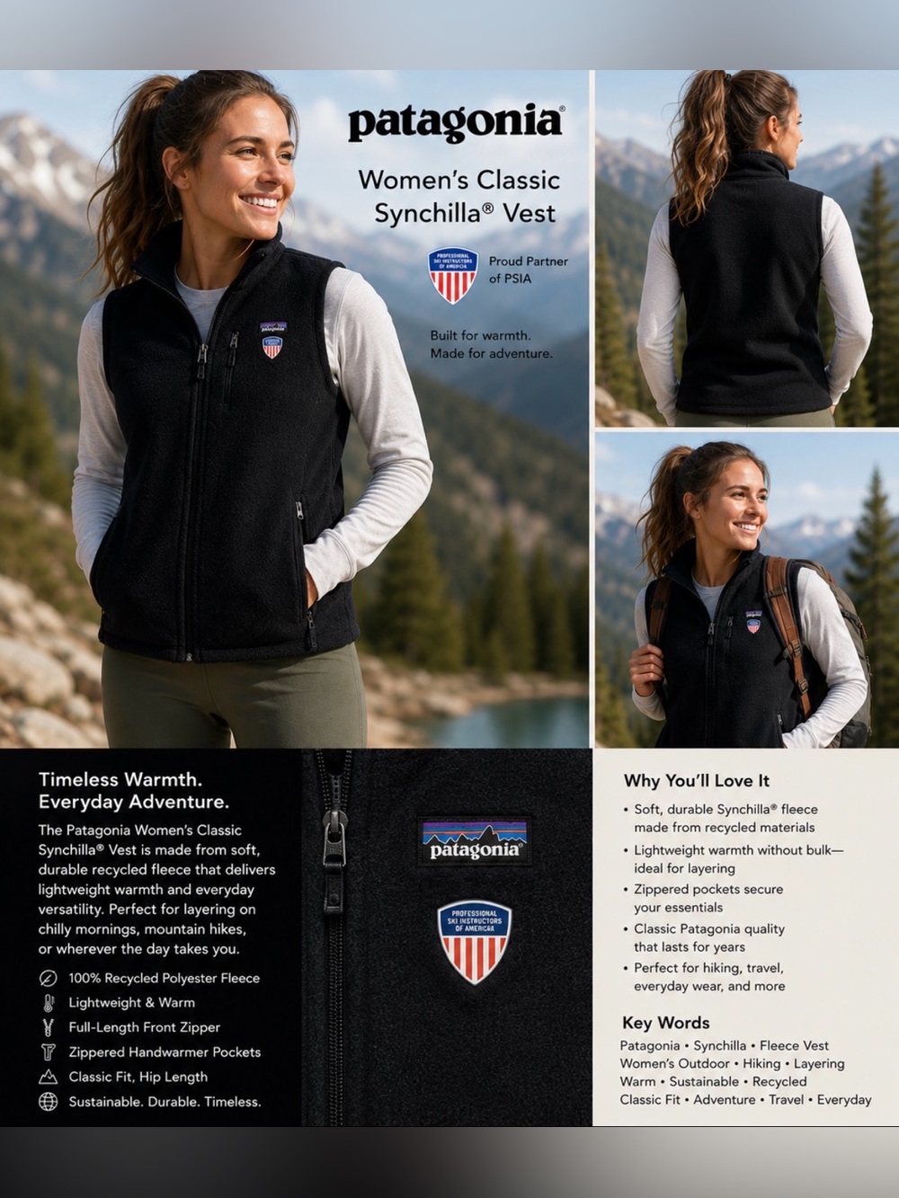 Patagonia Fleece Vest Black PSIA Patch Womens Medium - Picture 11 of 11
